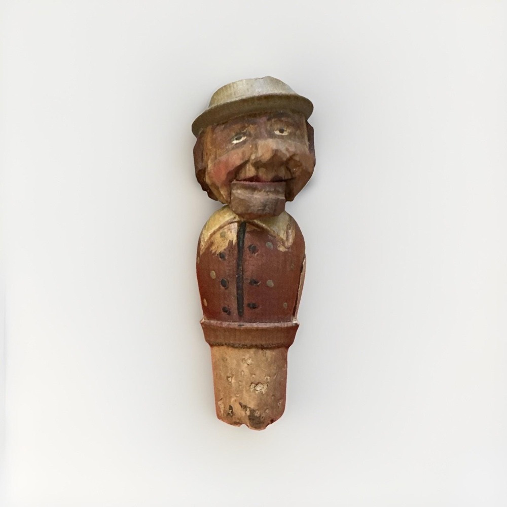 Vintage ANRI Wooden Bottle Stopper Man w/ Moving Jaw Lever Italy Folk Art